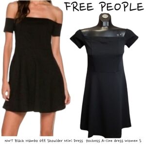 FREE PEOPLE Black Mambo Off Shoulder Mini Dress  pockets A-line dress Women S